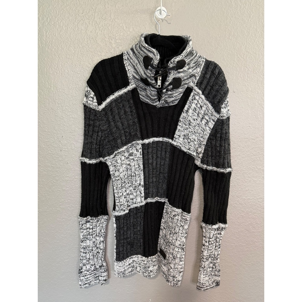 Leif Nelson Mens Patchwork Knit Toggle Zip Neck Sweater Black Grey White Large